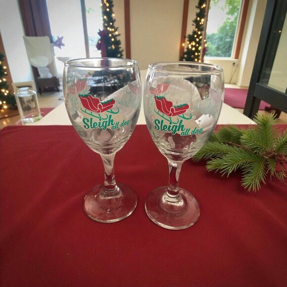 Sleigh All Day Stem Goblets 7"-Set of 2- Snow- Sleigh- Sparkly Snow-Christmas - Picture 1 of 4